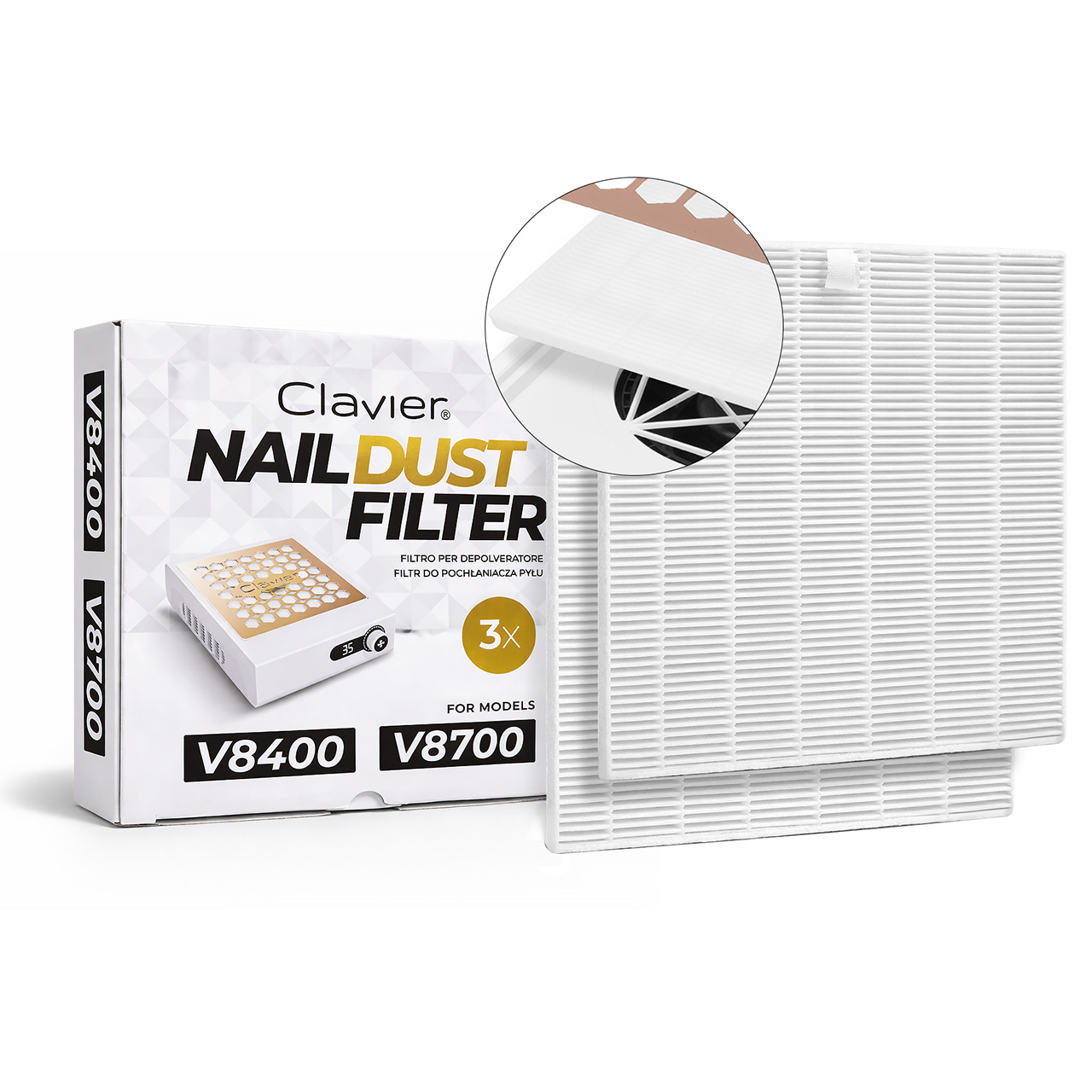 Clavier Filtr kasetkowy do pochłaniacza pyłu NAIL DUST FILTER dla modeli V8400, V8700, 3szt.